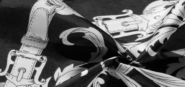 textura, fondo, tela de seda negro con un patrón de monograma Patrón exquisito de tela de filigrana su diseño le encantará durante mucho tiempo - Foto, imagen