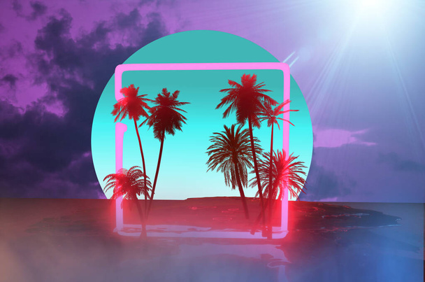palmuja rannalla taustaa vasten neon valot käsite matka-ja rantabileitä
 - Valokuva, kuva