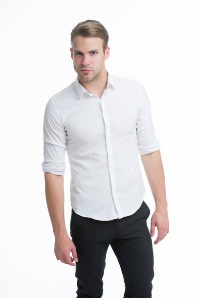 Mens fashion and style. Caucasian guy wear elegant style isolated on white. Handsome man with unshaven face and hair style. Fashion and style trends. Dress for any occasion - Zdjęcie, obraz