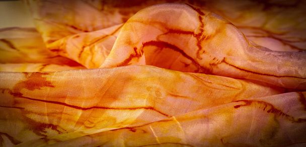 texture, fond, motif, tissu de soie orange avec impression abstraite, sol, contexte, fond, feuille, champ - Photo, image