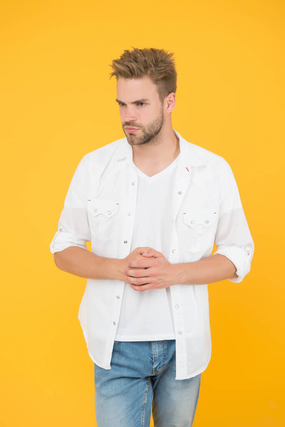 Formal fashion. Formal style. Clothes shop. Classic and minimalist style. Attractive man wear shirt. Confident in his appealing. Bearded guy business style. Handsome man fashion model. Sexy macho man - 写真・画像