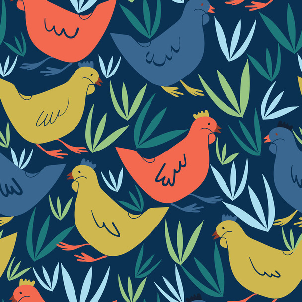 Dark blue with whimsical Easter chickens seamless pattern background design. - Vector, Imagen