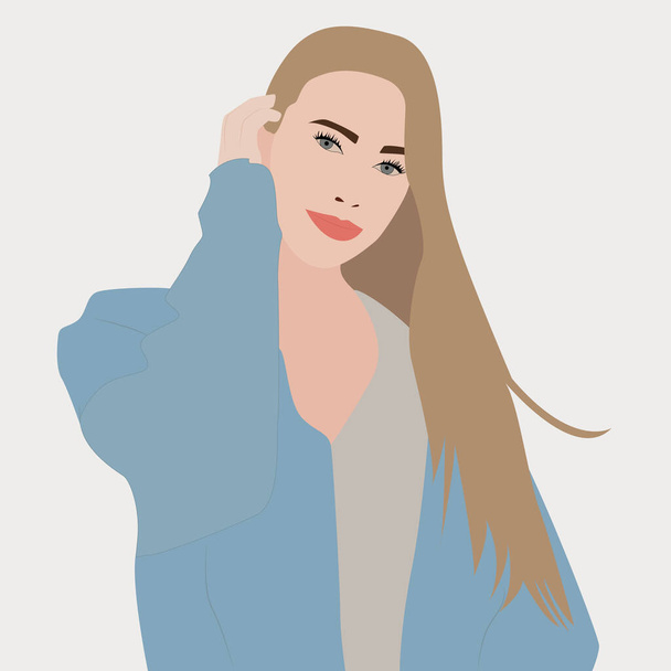 Girl in blue jacket, illustration, vector on white background. - Vettoriali, immagini
