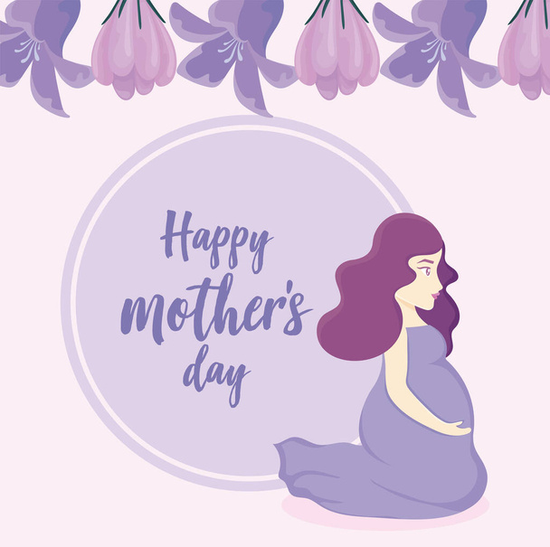 Ευτυχισμένος σχεδιασμός ημέρας μητέρες με όμορφα λουλούδια και έγκυος γυναίκα εικονίδιο - Διάνυσμα, εικόνα