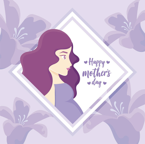 glücklicher Muttertag Design mit dekorativen Rautenrahmen mit schwangerer Frau über floralem Hintergrund - Vektor, Bild