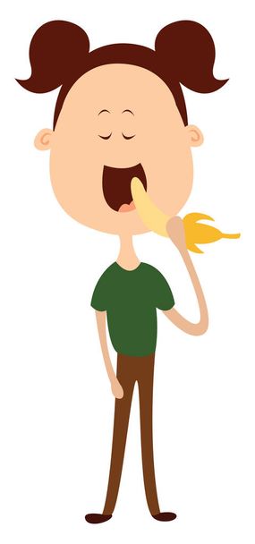 Meisje eten banaan, illustratie, vector op witte achtergrond. - Vector, afbeelding