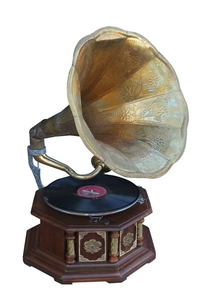 Retro altes Grammophon mit Horn auf weißem Hintergrund - Foto, Bild