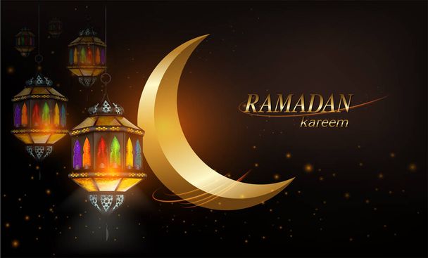Поздравительная открытка Рамадана Карима или Ид Мубарака с лампой рамадана, фонарем луны и звезд на мусульманский праздник святого ислама религиозного месяца. векторная иллюстрация
. - Вектор,изображение