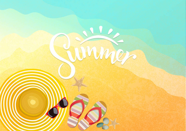 Accessories on beach background. sunglasses, flip-flops and striped hat. summer background vector and illustration. - Wektor, obraz
