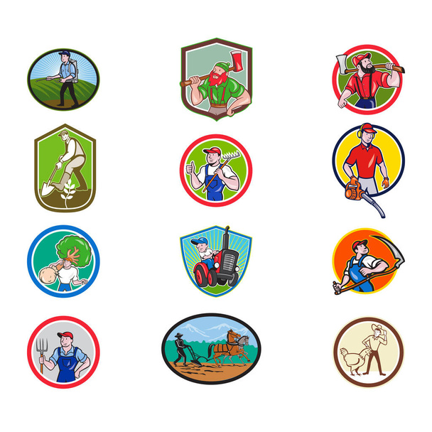 Set of verzameling cartoon karakter mascotte stijl illustratie van boer, tuinman, landbouwer, tuinman, tuinarchitect, tuinarchitect, houthakker set in cirkel of kam op geïsoleerde witte achtergrond. - Vector, afbeelding