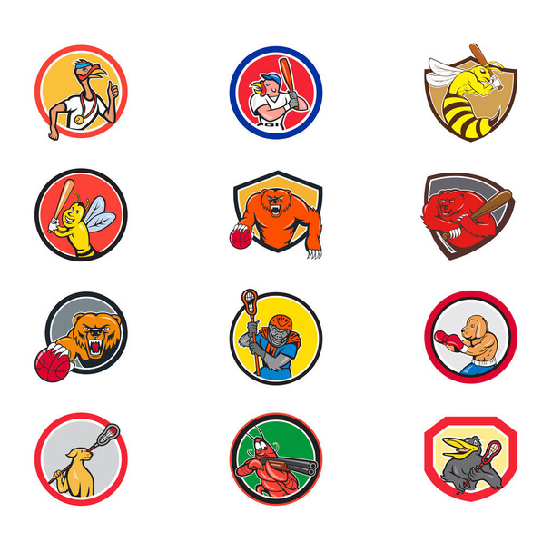 Set or collection of cartoon character mascot style illustration of animals like turkey, wasp, bee, bear, gorilla,dog, shrimp, crow engaged in sports or sporting on isolated white background. - Vector, Image