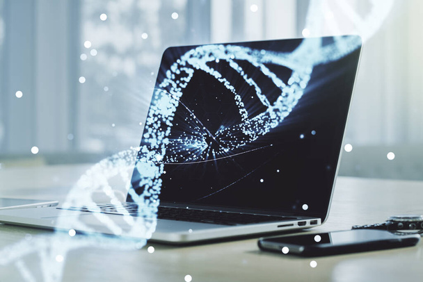 Creative concept with DNA symbol illustration on modern laptop background. Genome research concept. Multiexposure - Fotoğraf, Görsel
