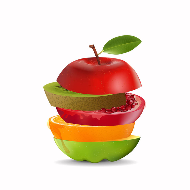 Creativa fruta sana mezcla. Manzana, naranja, granada y kiwi con fruta fresca en rodajas, para un tentempié bajo en calorías, aislado sobre fondo blanco, vector e ilustración
. - Vector, imagen