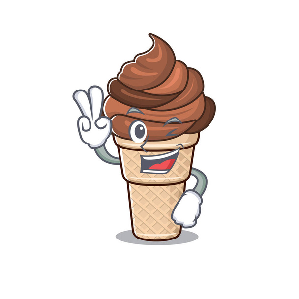Cheerful chocolate ice cream mascot design with two fingers - Vector, Image