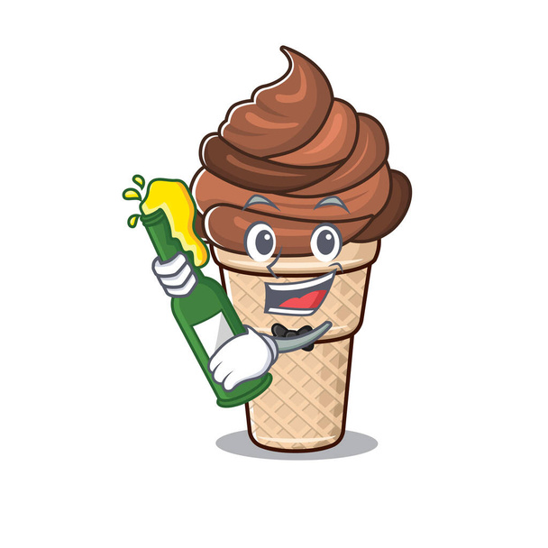 Chocolate ice cream with bottle of beer mascot cartoon style - Vector, Image