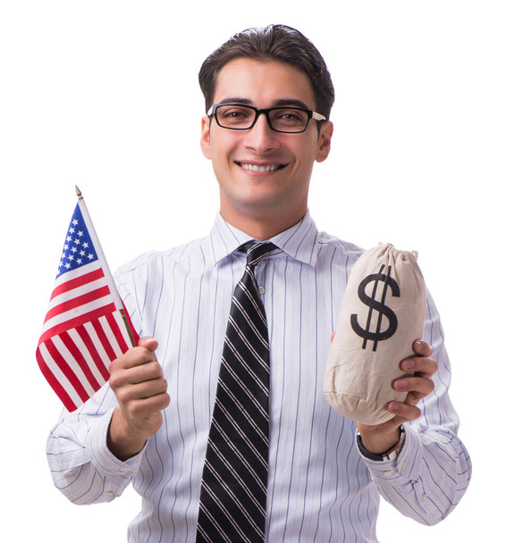 Jungunternehmer mit amerikanischer Flagge und Geldsack auf weißem Grund - Foto, Bild