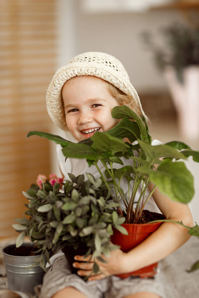 little girl with indoor flowers into pot - Photo, image