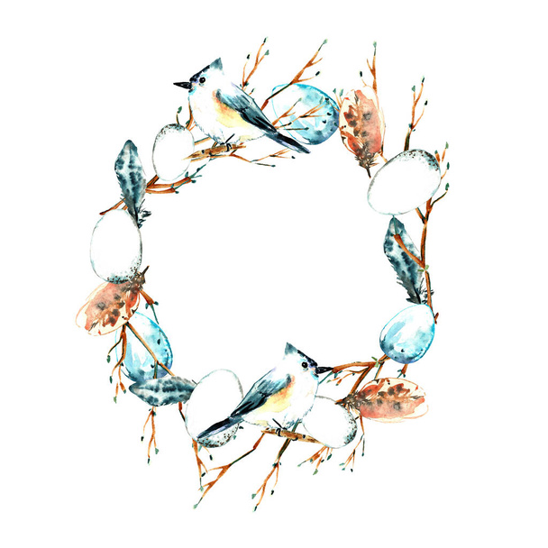 Прекрасний акварельний весняний вінок. Гілки, листя, пір'я, яйця, птахи. Ручна пофарбована ілюстрація ізольована на білому тлі
.  - Фото, зображення
