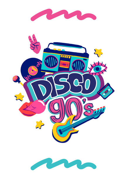 Retro party poster template with lettering. Nineties music, cartoon 90s style banner. Radio invitation card, dance time parties advertisement poster on white background. Vector illustration - Vector, Image