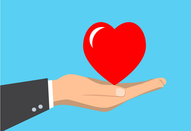 Human hand holding a heart, flat vector illustration. For congratulations or web banners. - Vector, Image