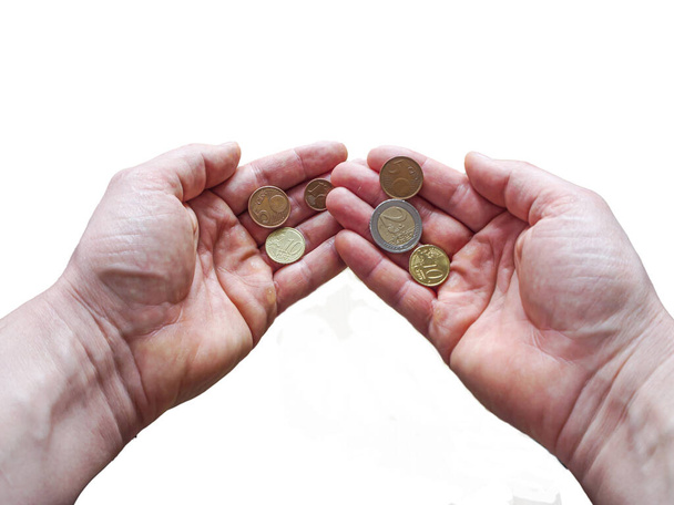 dvě ruce s euromincemi izolované na bílém pozadí.  - Fotografie, Obrázek