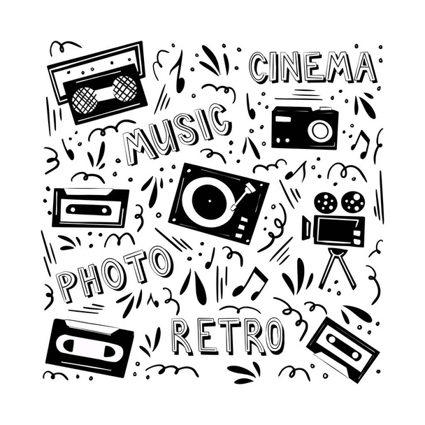 Vektorová ilustrace s hudebními prvky, hudebním přehrávačem, magnetofonem, filmovou kamerou, kazetou. - Vektor, obrázek
