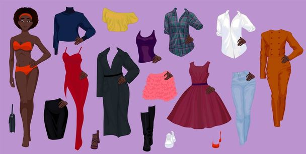 Paper doll of a pretty black girl with clothes - Vector, Image