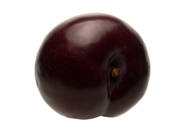 Isolated object on a white background. The shape of the plum fruit is round. Ripe drupe of lilac and violet color with a bluish coating. Autumn harvest of juicy plum fruits. - Foto, immagini