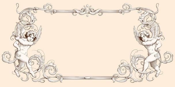 Elegant vintage border frame with cupids for weddings, Valentine`s day and other holidays. Decorative element in the style of vintage engraving with Baroque ornament. Hand drawn vector illustration  - Vector, Image