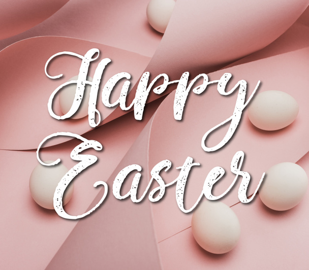 chicken eggs in spiral paper pink swirls with happy Easter illustration - Foto, imagen