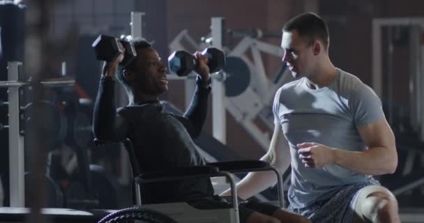 Wózek inwalidzki podnoszenie ciężaru w siłowni - Materiał filmowy, wideo