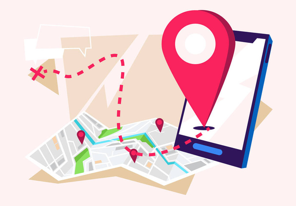   Векторная иллюстрация бумажной карты местности, отметки на карте, с помощью мобильного телефона, направление маршрута
 - Вектор,изображение