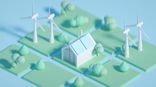 3Dレンダリングイラスト漫画スタイル、将来の生態環境の概念は、省エネとエネルギー効率の太陽電池パネル、背景に風車と受動的な家。低ポリ - 写真・画像