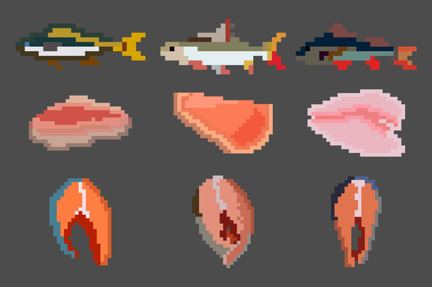 Ein Set von neun Lebensmittelelementen im Stil einer kleinen Anzahl von Pixeln, Fisch, Filets und Teilen für Steaks. Eine Reihe von Illustrationen für Spiele und andere Zwecke. Vektorillustration. - Vektor, Bild