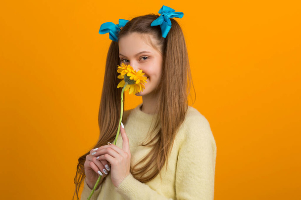 beautiful young woman with ponytails on a yellow background with a flower - Valokuva, kuva