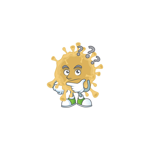 Lindo personaje de dibujos animados coronavirus partícula usando un micrófono
 - Vector, imagen