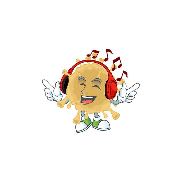 cartoon mascot design of coronavirus particle enjoying music - Vector, Imagen