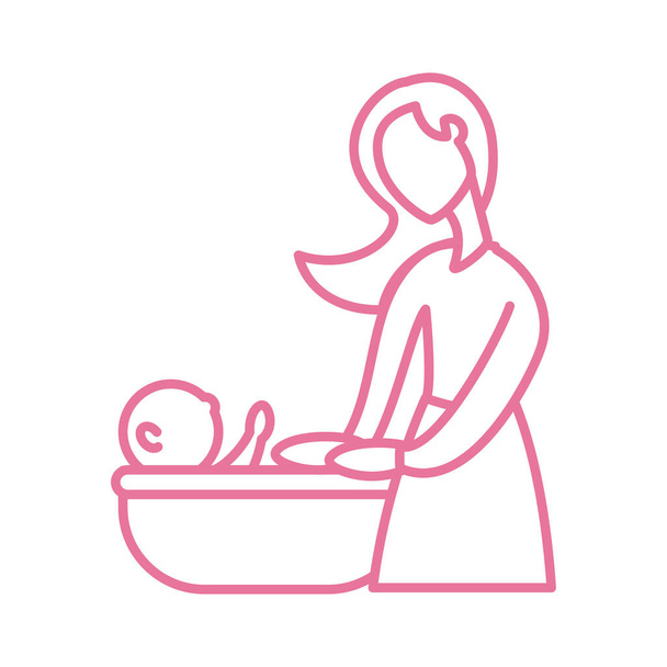 женщина с ребенком, принимающая ванну, икона стиля линии
 - Вектор,изображение