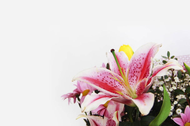 святковий різнокольоровий букет з натуральних рожевих лілій, хризантем і жовтих тюльпанів
 - Фото, зображення