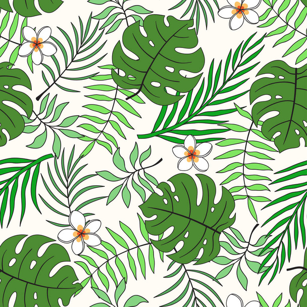 Тропический фон с пальмовыми листьями и плюмерией цветов. Нежный цветочный узор. Летняя векторная иллюстрация. Плоские джунгли
 - Вектор,изображение