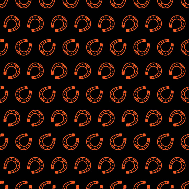 Patrón vectorial sin costuras con herradura naranja sobre un fondo negro para el Día de San Patricio. Fondo de fiesta de primavera para tarjetas de felicitación, volante, decoración, diseño de envases y más
. - Vector, imagen