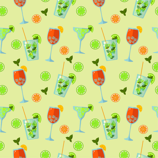 Seamless funny pattern of summer low-alcohol cocktails. Aperol spritz and mojito on a green background - Vektori, kuva
