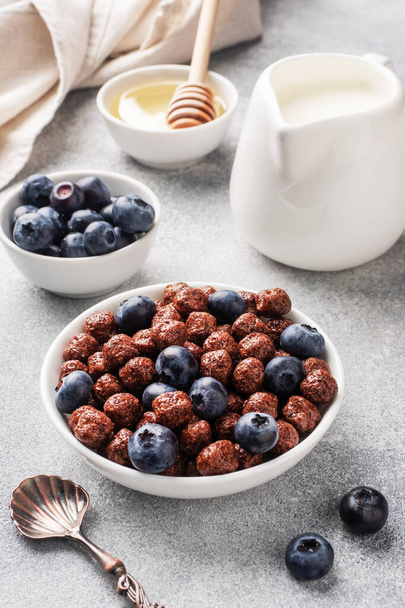Chocolate flakes made from natural cereals with fresh blueberries, honey and milk. The concept of a healthy wholesome Breakfast Grey concrete background - Foto, afbeelding