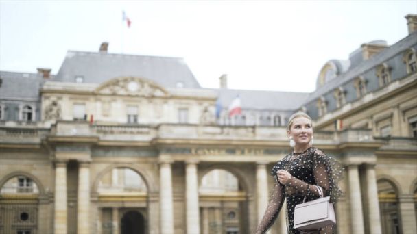 Side view of an incredible blonde woman in black dress walking and posing near beautiful historic buildings. Action. Young woman with long straight ponytail and white small clutch. - Foto, Imagen