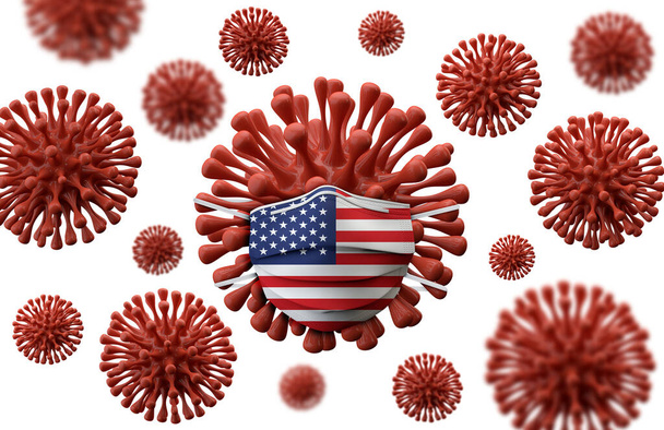 USA flag protective mask on a virus bacteria. 3D Render - Fotoğraf, Görsel