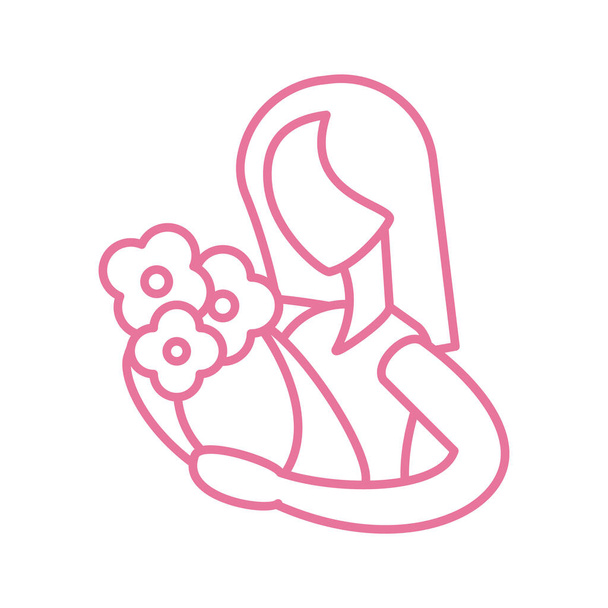 woman holding a bouquet flowers, line style icon - ベクター画像