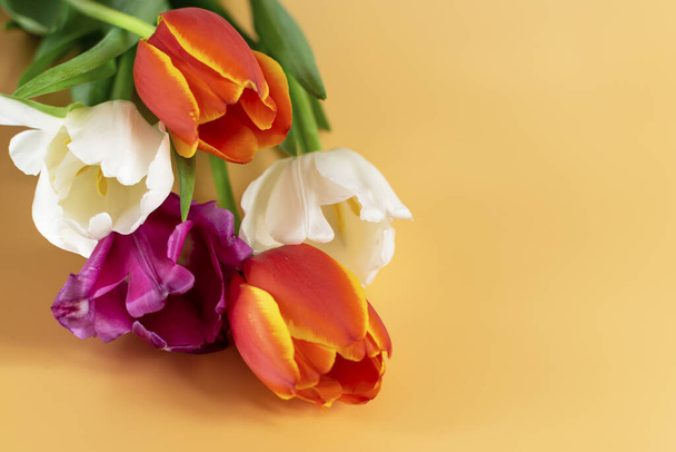 Kukkakimppu tulppaanit oranssi tausta. Käsite äitienpäivä, pääsiäinen, kevät, rakkaus, postikortti
 - Valokuva, kuva