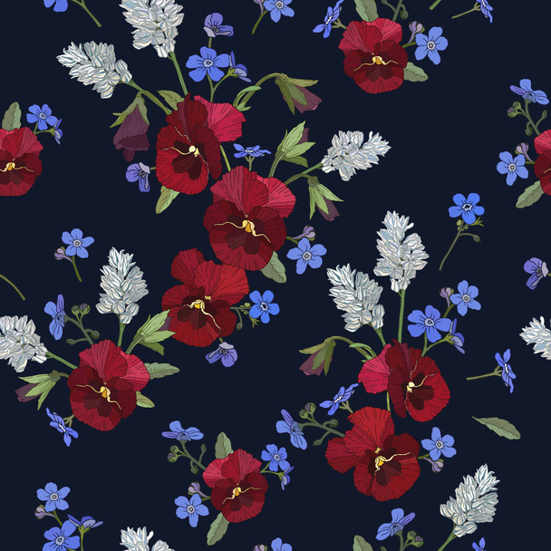 Vector floral seamless pattern with red pansies, and forget me not flowers - Vector, afbeelding