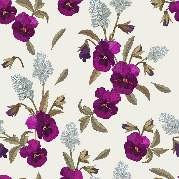 Vector floral seamless pattern with violet pansies and white flowers - Διάνυσμα, εικόνα