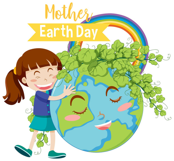 Disegno poster per la giornata della madre terra con la ragazza che abbraccia la terra sullo sfondo illustrazione - Vettoriali, immagini
